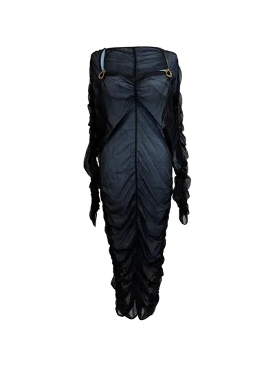 Pre-owned Bottega Veneta Square-neck Ruffle-embellished Dress In Black