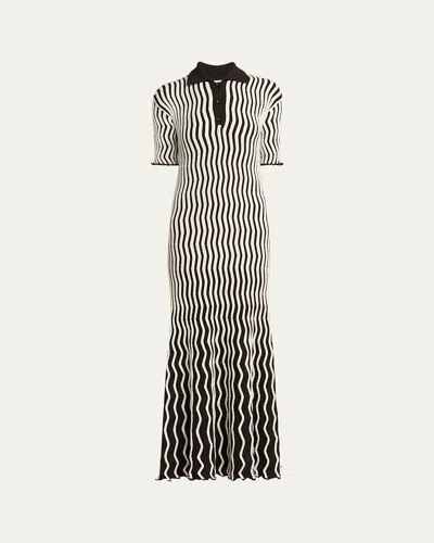 Bottega Veneta Squiggly Stripe Long Polo Wool Dress In Dusk
