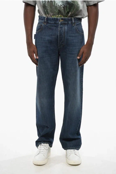 Bottega Veneta Straight Leg Regular Fit Jeans With Leather Patch 22cm In Blue