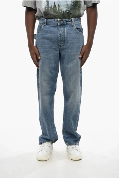 Bottega Veneta Straight Leg Regular Fit Jeans With Leather Patch 22cm In Blue