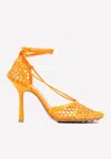 Bottega Veneta Stretch Square-toe Ankle-strap Mesh Pumps In Tangerine