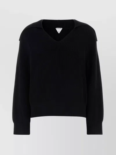 Bottega Veneta Stretch Cotton Blend Polo Shirt With Ribbed Texture In Black