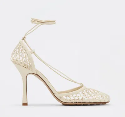 Pre-owned Bottega Veneta Stretch Lace-up Web Heeled Sandal, Toile - Retail $1100