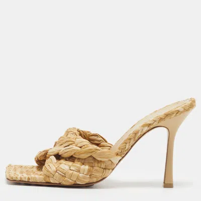 Pre-owned Bottega Veneta Stretch Size 40.5 Beige Raffia Twisted Intrecciato Slide Sandals