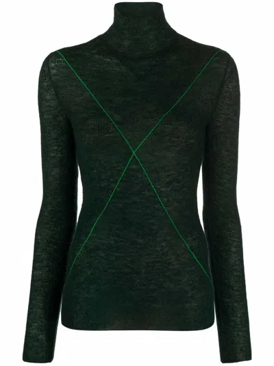 Bottega Veneta Stripe Detail Roll Neck Jumper In Green