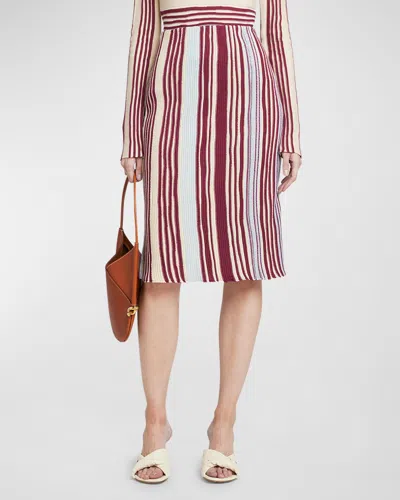 Bottega Veneta Stripe Rib Linen Midi Skirt In String/merlot