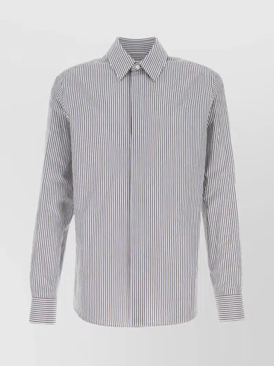 Bottega Veneta Striped Cotton Blend Shirt With Embroidered Cuffs In Gray