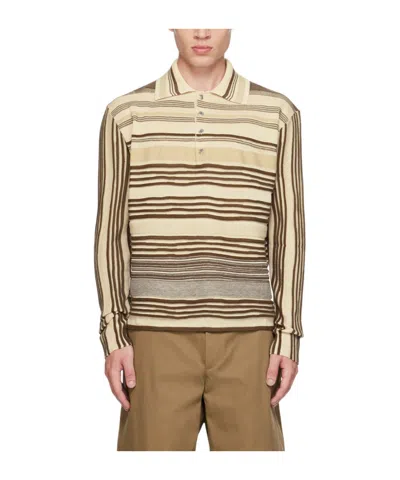 Bottega Veneta Striped Long-sleeved Polo Shirt In Nude