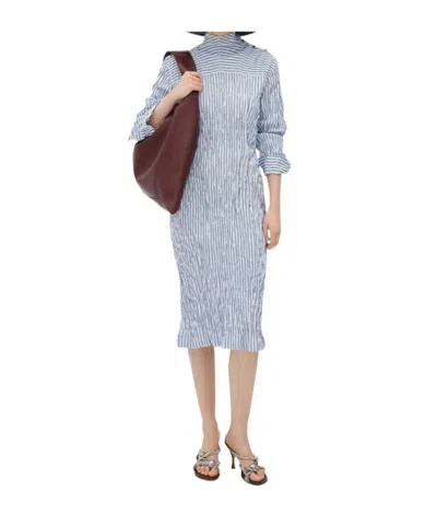 Bottega Veneta Striped Pleated Dress In Talc/fountain/abyss