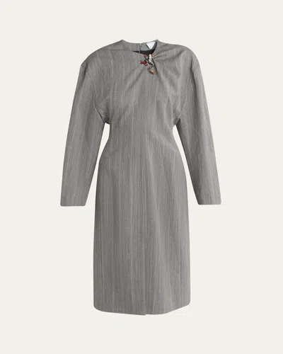 Bottega Veneta Subtle Stripe Melange Wool Dress With Frog Brooch In Vulcano-na