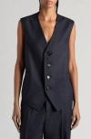Bottega Veneta Subtle Striped Wool Gilet With Tie Waist In Black/ Blue Melange