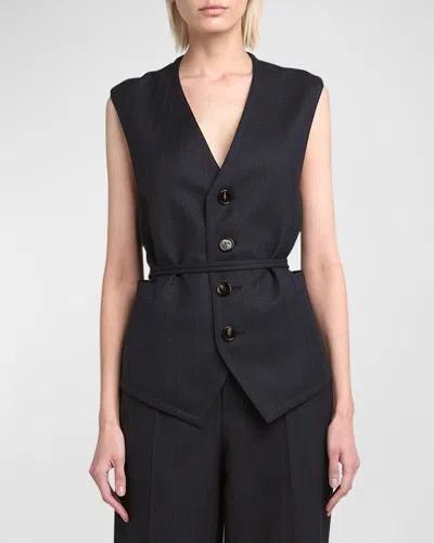 Bottega Veneta Subtle Striped Wool Gilet With Tie Waist In Black/blue Melange