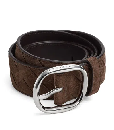 Bottega Veneta Suede Intrecciato Belt In Brown