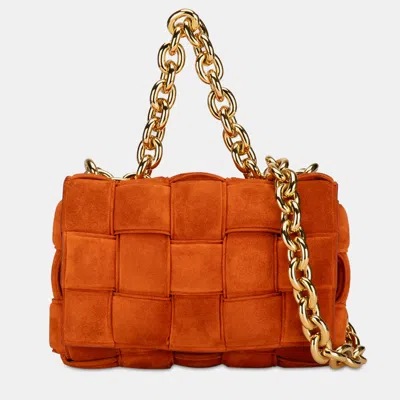 Pre-owned Bottega Veneta Suede Intrecciato Padded Chain Cassette Satchel In Orange