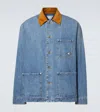 Bottega Veneta Men Blue Jacket With Suede Collar And Logo Patch In Denim Man In Blue