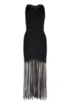 BOTTEGA VENETA BLACK T-SHIRT WITH CUT-OUT SHOULDERS AND FRINGED HEMLINE FOR WOMEN