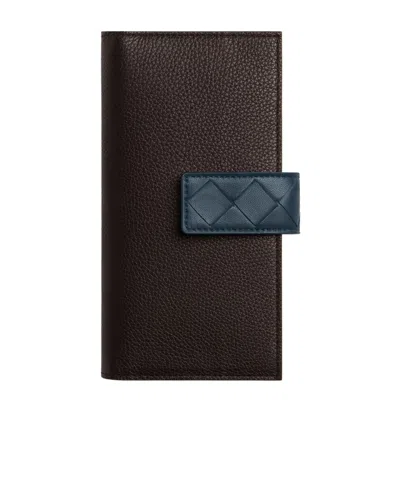 Bottega Veneta Tag Long Wallet With Zip Coin Purse In Fudge Color/dark Blue