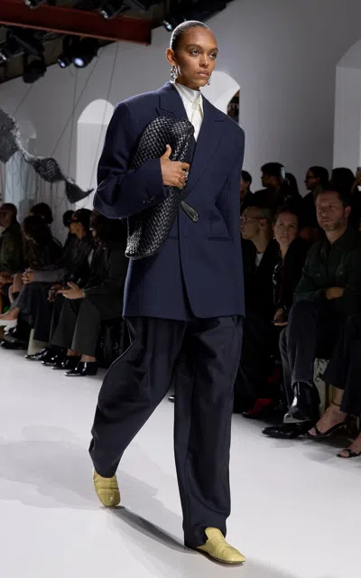 Bottega Veneta Tailored Wool Melange Canvas Jacket In Blue