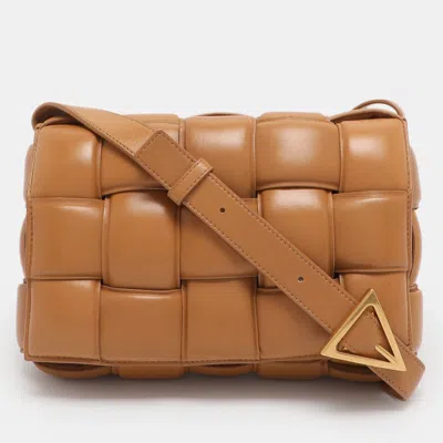Pre-owned Bottega Veneta Tan Intreccio Leather Padded Cassette Shoulder Bag In Brown