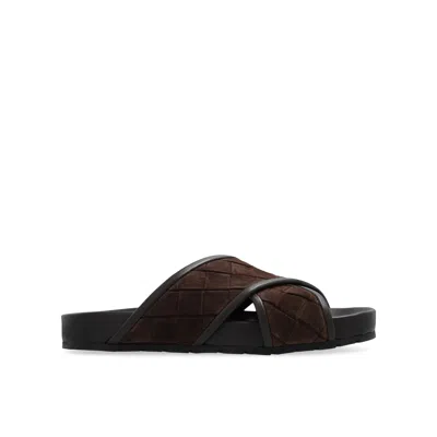 Bottega Veneta Tarik Intrecciato Suede Leather Slides In Brown