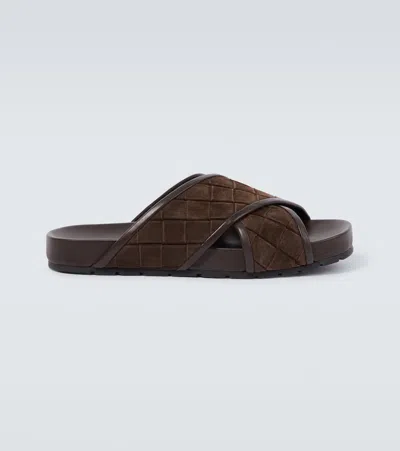 Bottega Veneta Tarik Intrecciato Suede Leather Slides In Brown