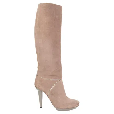 Pre-owned Bottega Veneta Taupe Suede & Metallic Knee High Platform Boots Shoes 37 In Brown