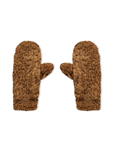 Bottega Veneta Teddy Shearling And Leather Logo Gloves In Brown