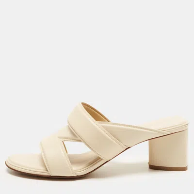 Pre-owned Bottega Veneta The Band Size 37.5 Cream Leather Block Heel Slide Sandals In White