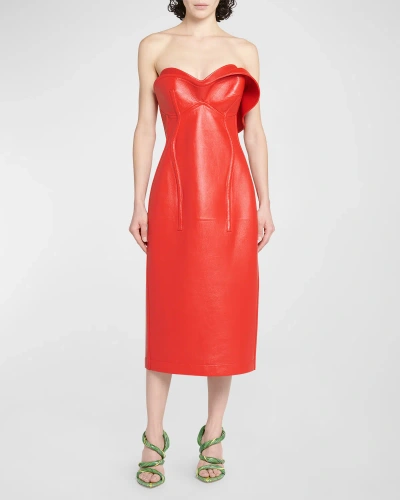 Bottega Veneta Thick Glossy Leather Bustier Dress In Rosso
