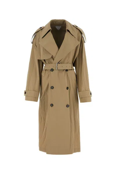 Bottega Veneta Double Breasted Long Trench Coat In Beige O Tan