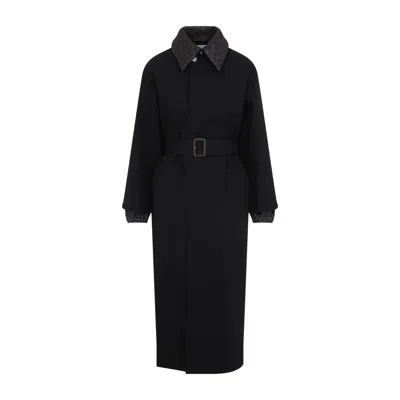 Bottega Veneta Black Trenchcoat With Removable Leather Collar With Intrecciato Motif And Adjustable Belt In Cotton