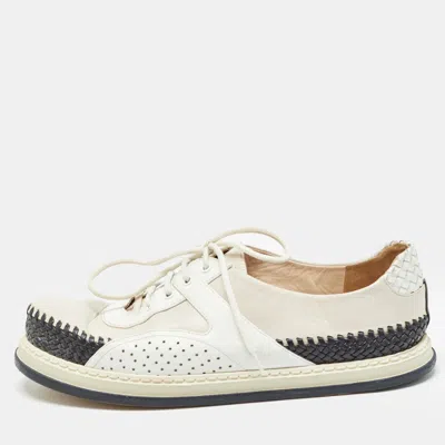Pre-owned Bottega Veneta Tricolor Woven Leather And Leather Lace Up Sneakers Size 37 In Cream