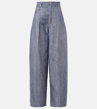Bottega Veneta Trompe L'ail Wool And Cotton Wide-leg Pants In Blue