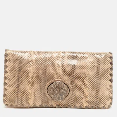 Pre-owned Bottega Veneta Turnlock Flap Beige/black Snakeskin Clutch