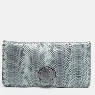 Pre-owned Bottega Veneta Turnlock Flap Light Blue/black Watersnake Clutch