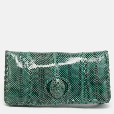 Pre-owned Bottega Veneta Turnlock Green Watersnake Leather Flap Clutch