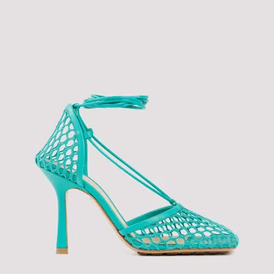 Bottega Veneta Green Stretch Web Heels In 3227 Acid Turquoise