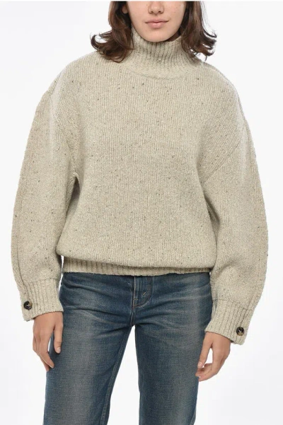 Bottega Veneta Turtleneck Wool Blend Pullover With Balloon Sleeves In Neutral