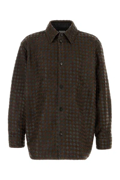 Bottega Veneta Two-tone Leather And Suede Intrecciato Shirt In Burgundy