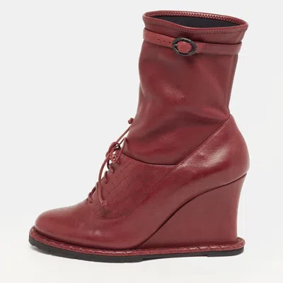 Pre-owned Bottega Veneta Veneta Size 38 Burgundy Leather Wedge Ankle Length Boots