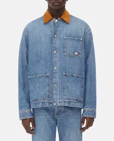 Bottega Veneta Men Blue Jacket With Suede Collar And Logo Patch In Denim Man