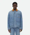 Bottega Veneta Men Blue Jacket With Suede Collar And Logo Patch In Denim Man In Mid Blue