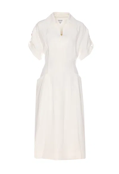 Bottega Veneta Shoulder Detail Belted Waist Embroidered V-neck Dress In White