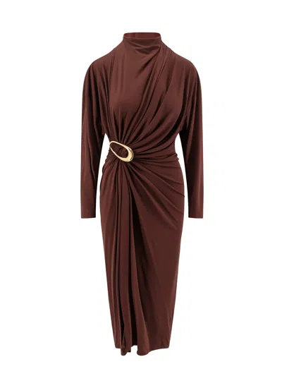 Bottega Veneta Viscose Dress With Drapery And Metal Detail In Brown