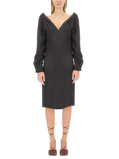 Bottega Veneta Viscose Midi Dress Knotted Shoulders In Black