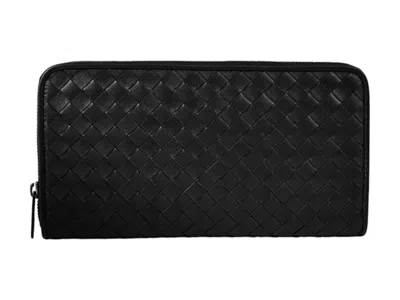 Pre-owned Bottega Veneta Wallet Intrecciato Zip In Black
