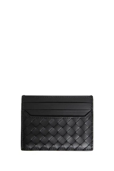 Bottega Veneta Men Leather Card Holder With Woven Fabric In Black
