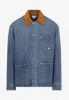 Bottega Veneta Men Blue Jacket With Suede Collar And Logo Patch In Denim Man In Blue