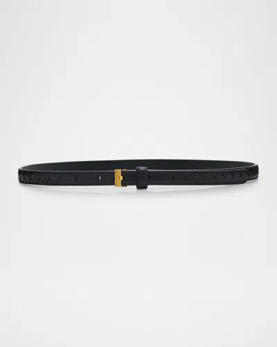 Bottega Veneta Watch-buckle Intrecciato Skinny Leather Belt In Black