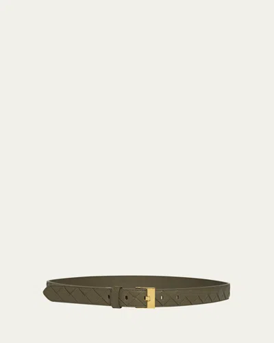 Bottega Veneta Watch-buckle Intrecciato Leather Belt In Cypress/brass